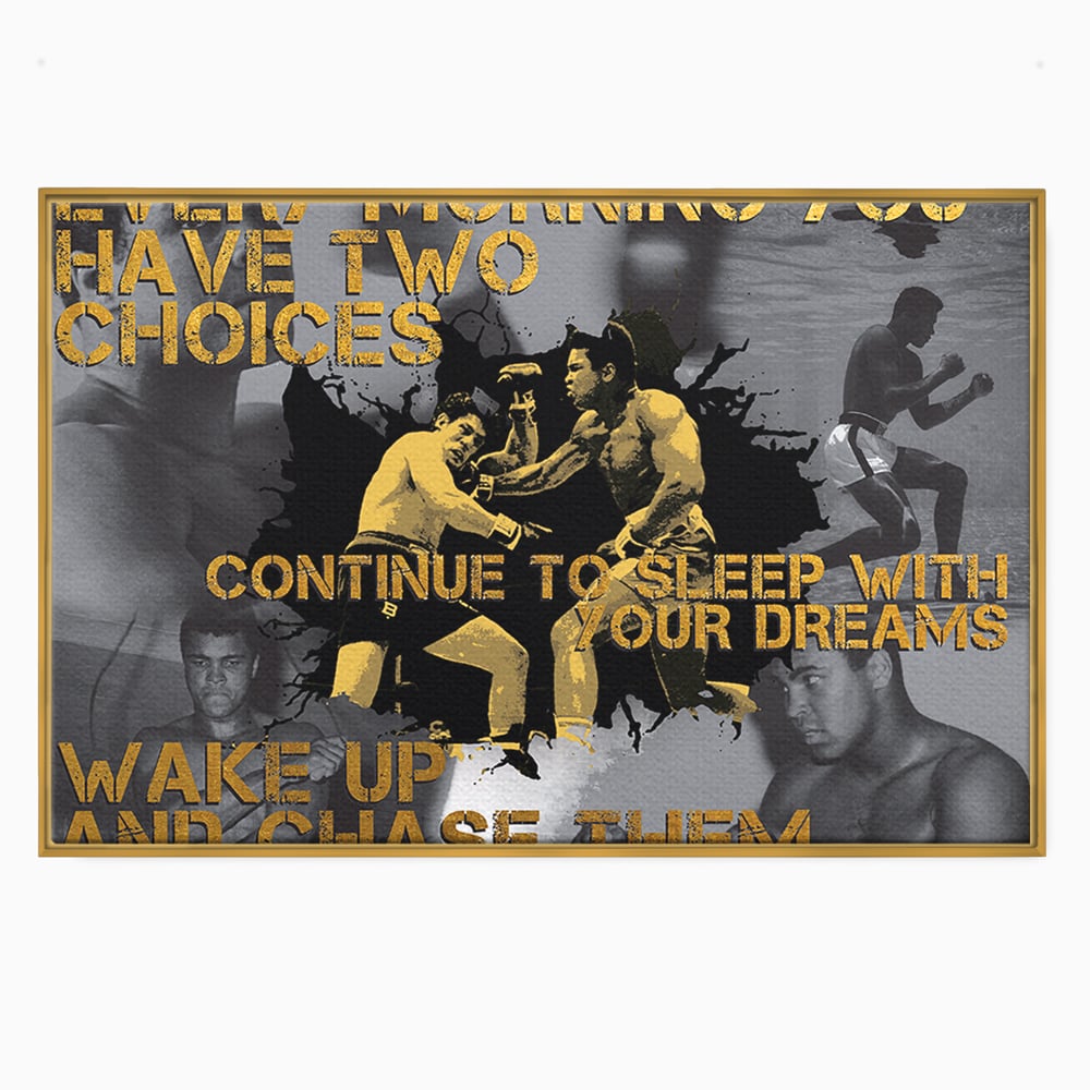 Tablou canvas cu tablou canvas motivational cu muhammad ali, in rama de aluminiu auriu